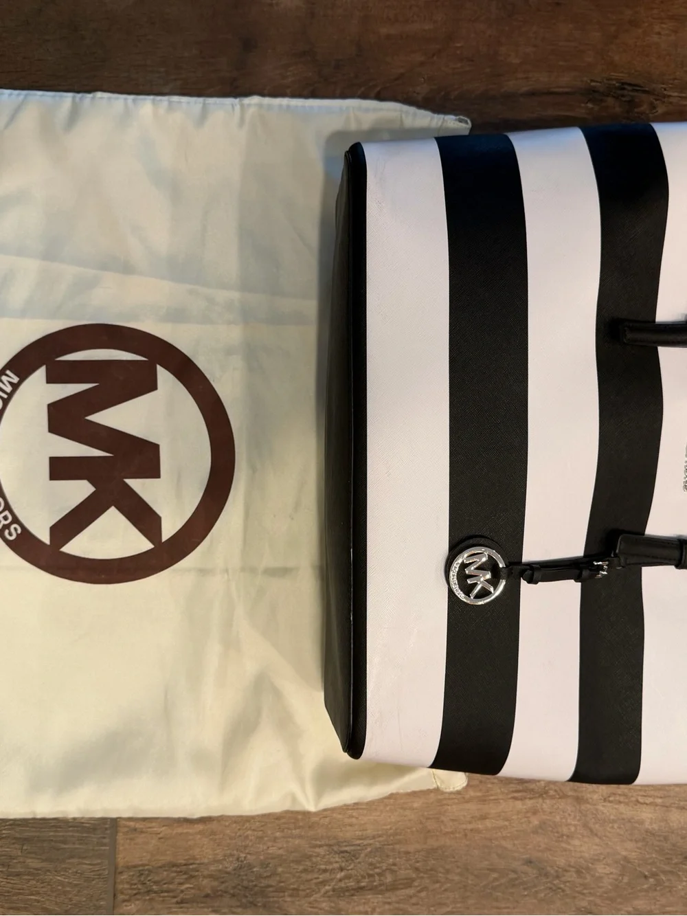 Michael Kors Black and White Horizontal Stripe Tote - Picture 8 of 8